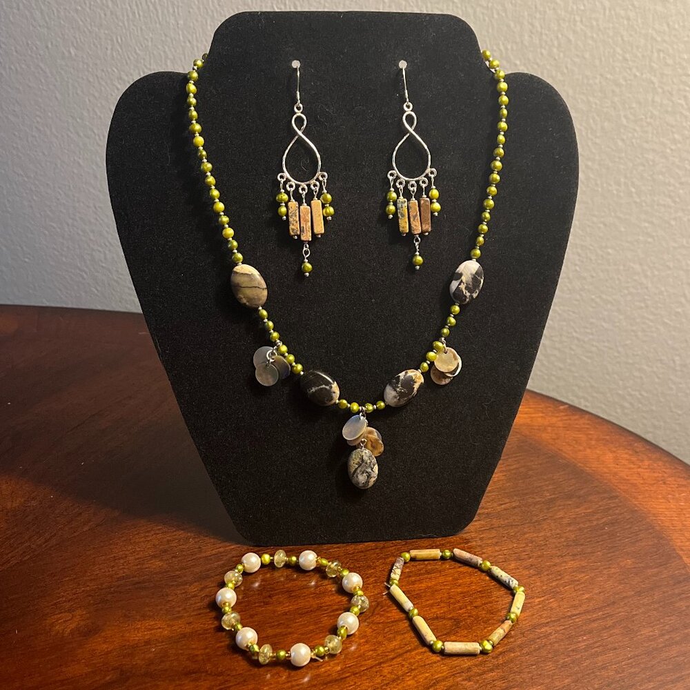 Handmade Beaded Jewelry Set - Natural Stone, Shell, and Chartreuse Pearls